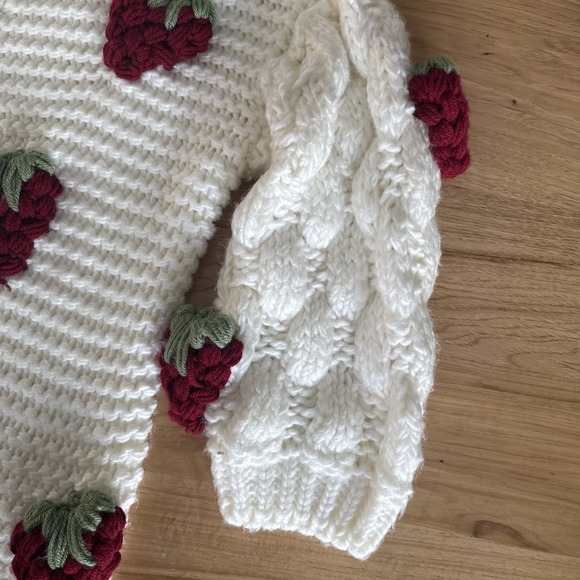 Strawberry Women's Lg Cardigan Sweater White Crochet Open Front Straw Shortcake - Picture 8 of 13